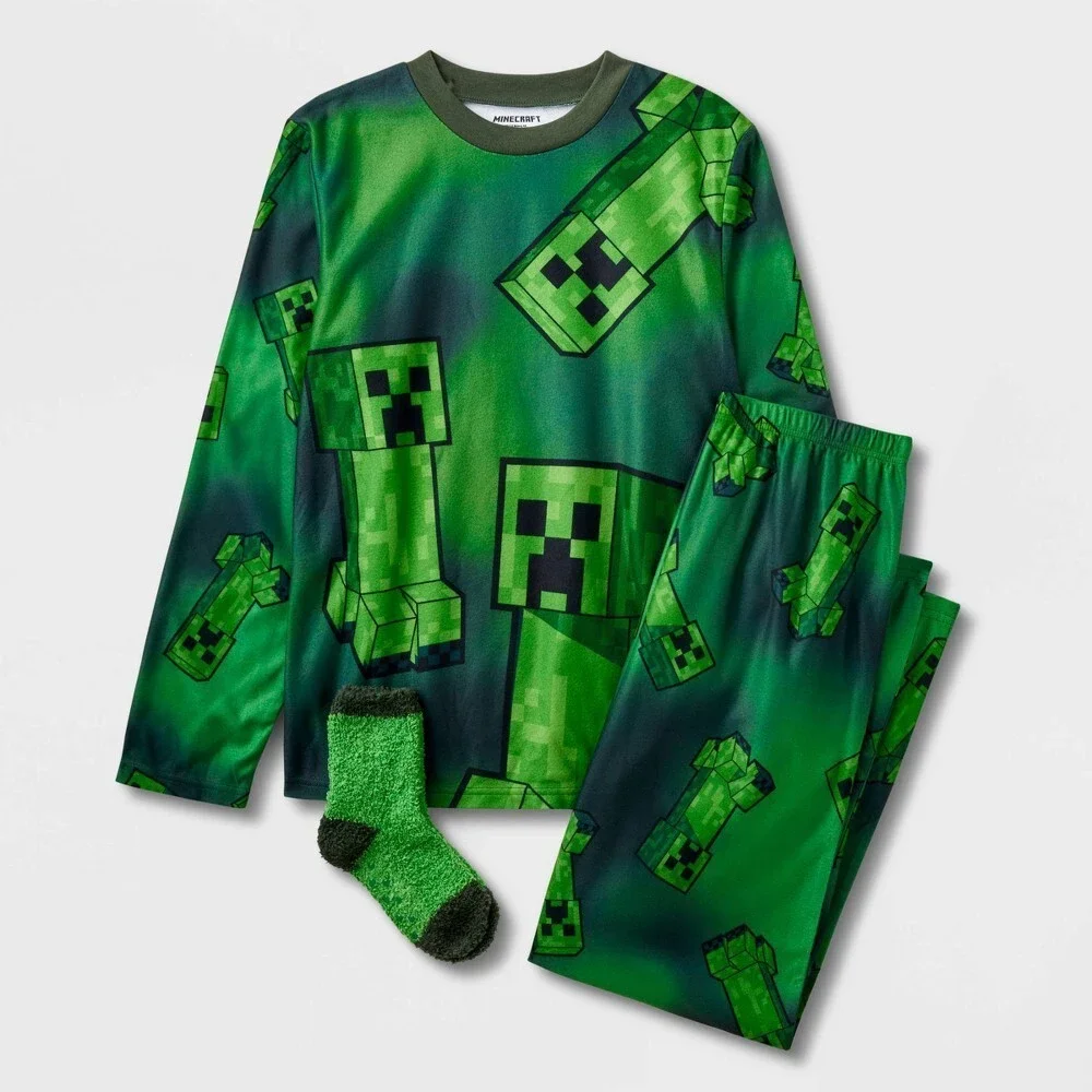 Minecraft Boys' Pajama Set Size Medium 8/10 Green Top Pants with Socks